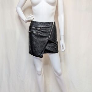 Black Faux Leather Asymmetrical Hem Mini Skirt With Zipper Details